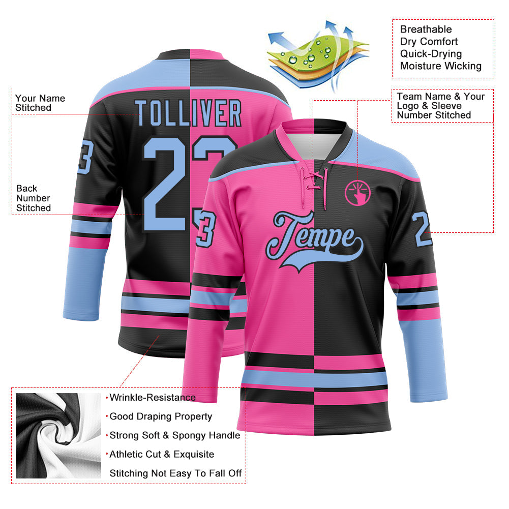 Custom Black Light Blue-Pink Split Fashion Hockey Lace Neck Jersey view 3