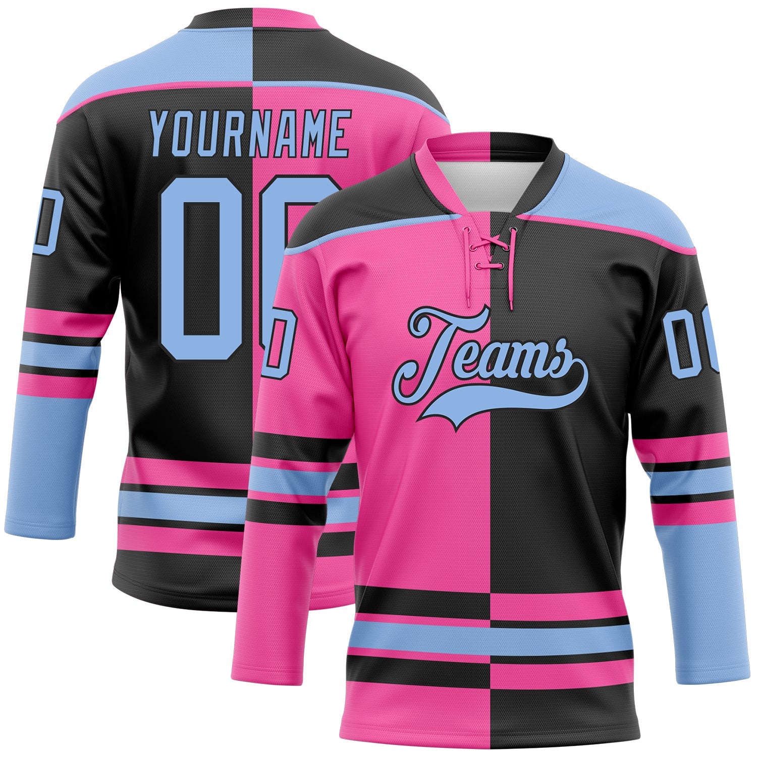 Custom Black Light Blue-Pink Split Fashion Hockey Lace Neck Jersey - Main View