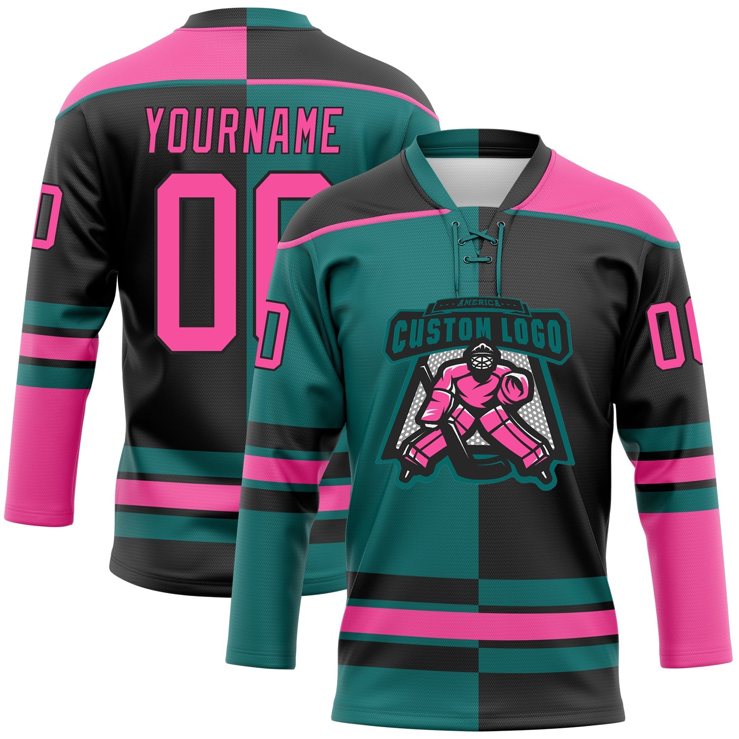 Custom Black Pink-Teal Split Fashion Hockey Lace Neck Jersey view 2