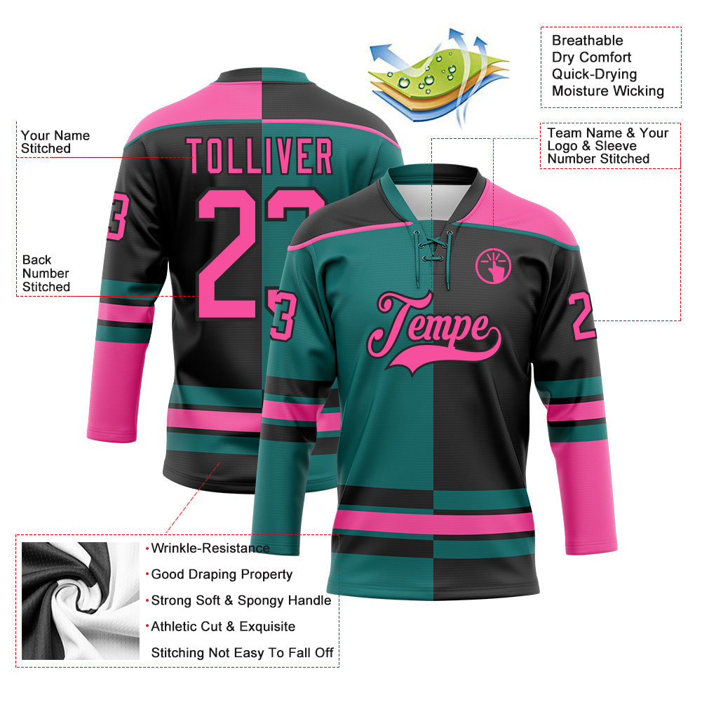 Custom Black Pink-Teal Split Fashion Hockey Lace Neck Jersey view 3