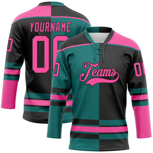 Custom Black Pink-Teal Split Fashion Hockey Lace Neck Jersey - Main View