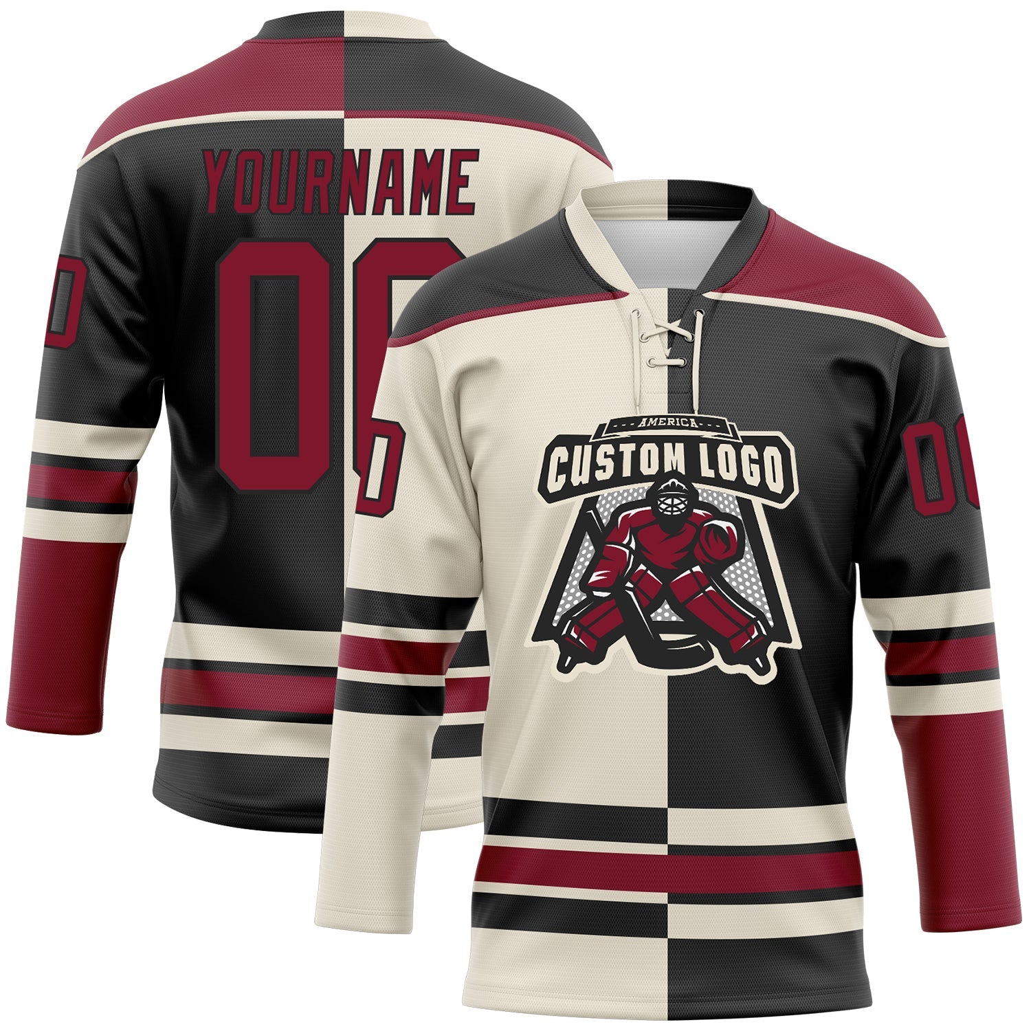 Custom Black Crimson-Cream Split Fashion Hockey Lace Neck Jersey view 2