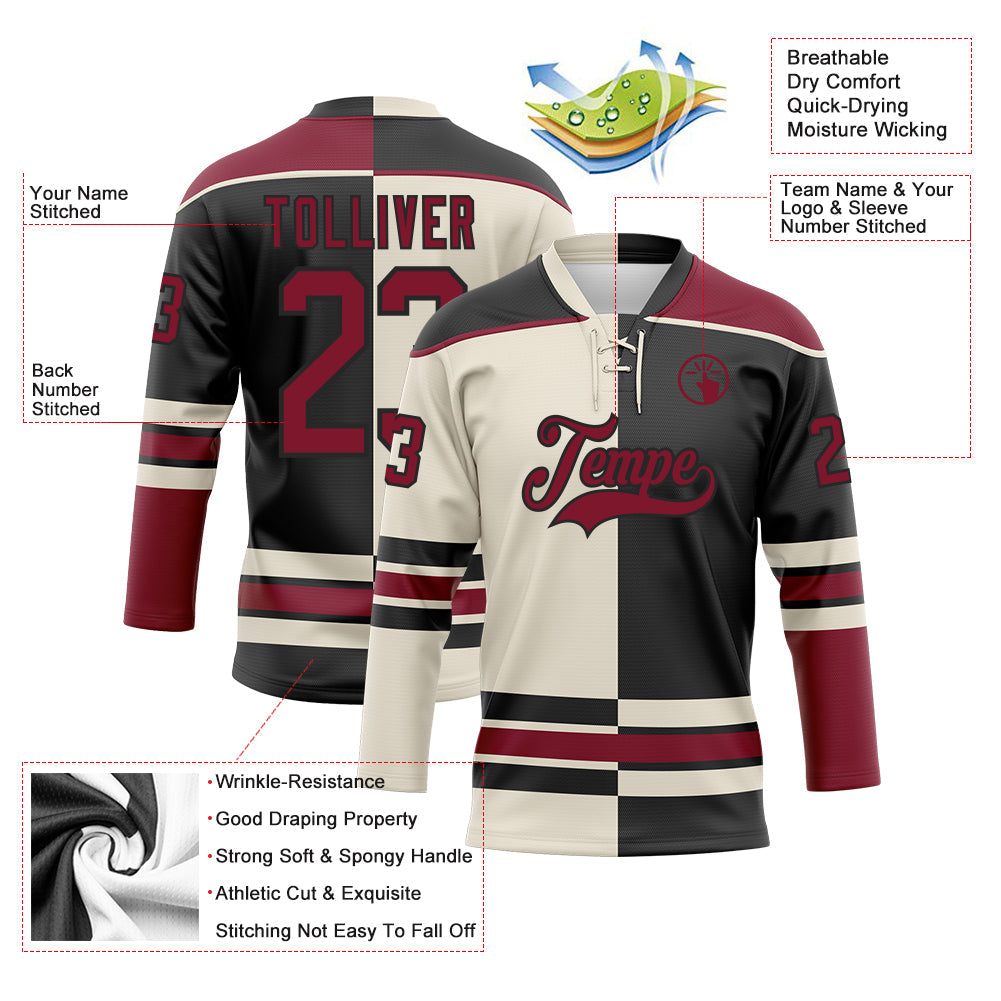 Custom Black Crimson-Cream Split Fashion Hockey Lace Neck Jersey view 3