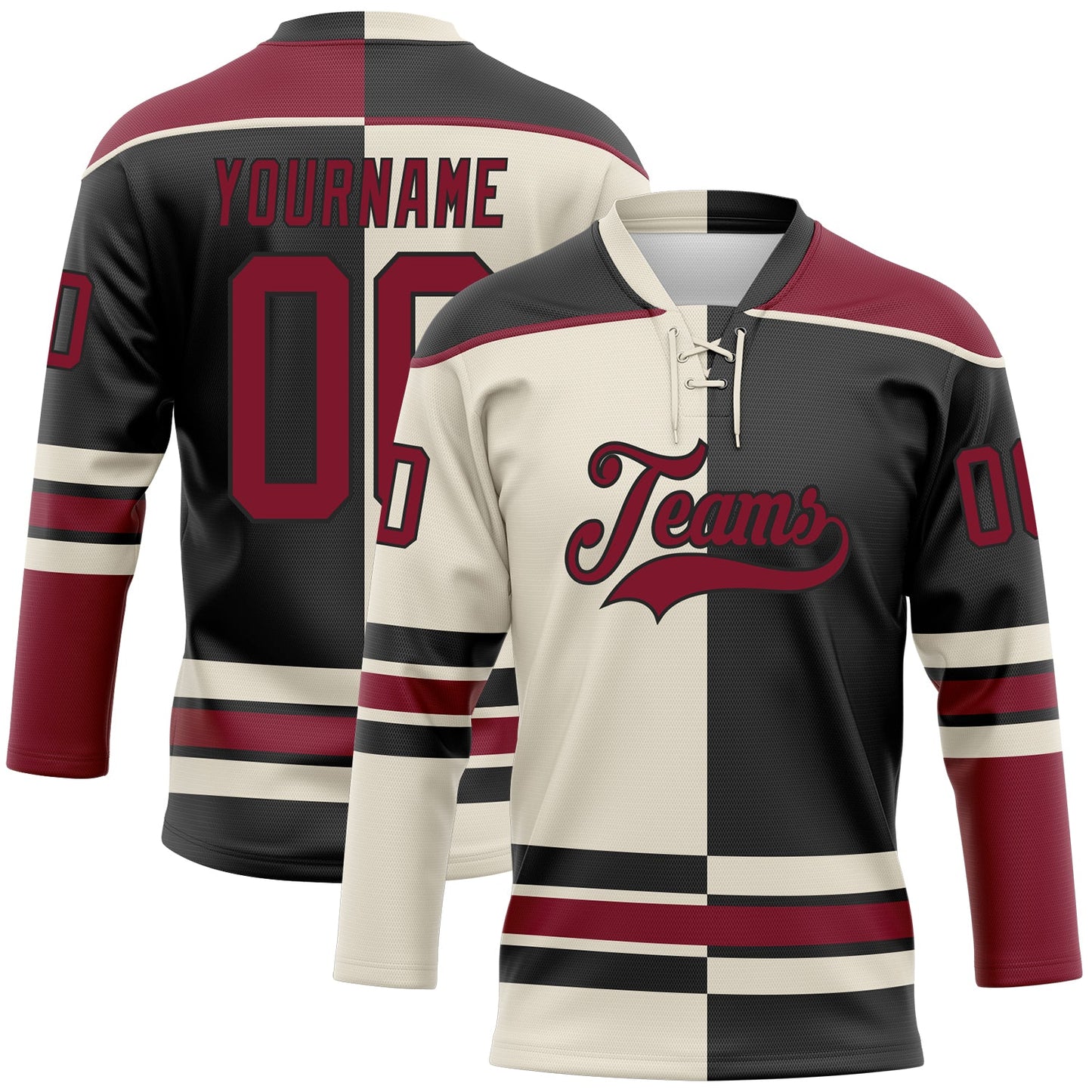 Custom Black Crimson-Cream Split Fashion Hockey Lace Neck Jersey - Main View