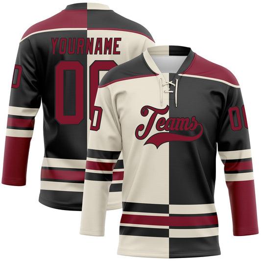 Custom Black Crimson-Cream Split Fashion Hockey Lace Neck Jersey - Main View