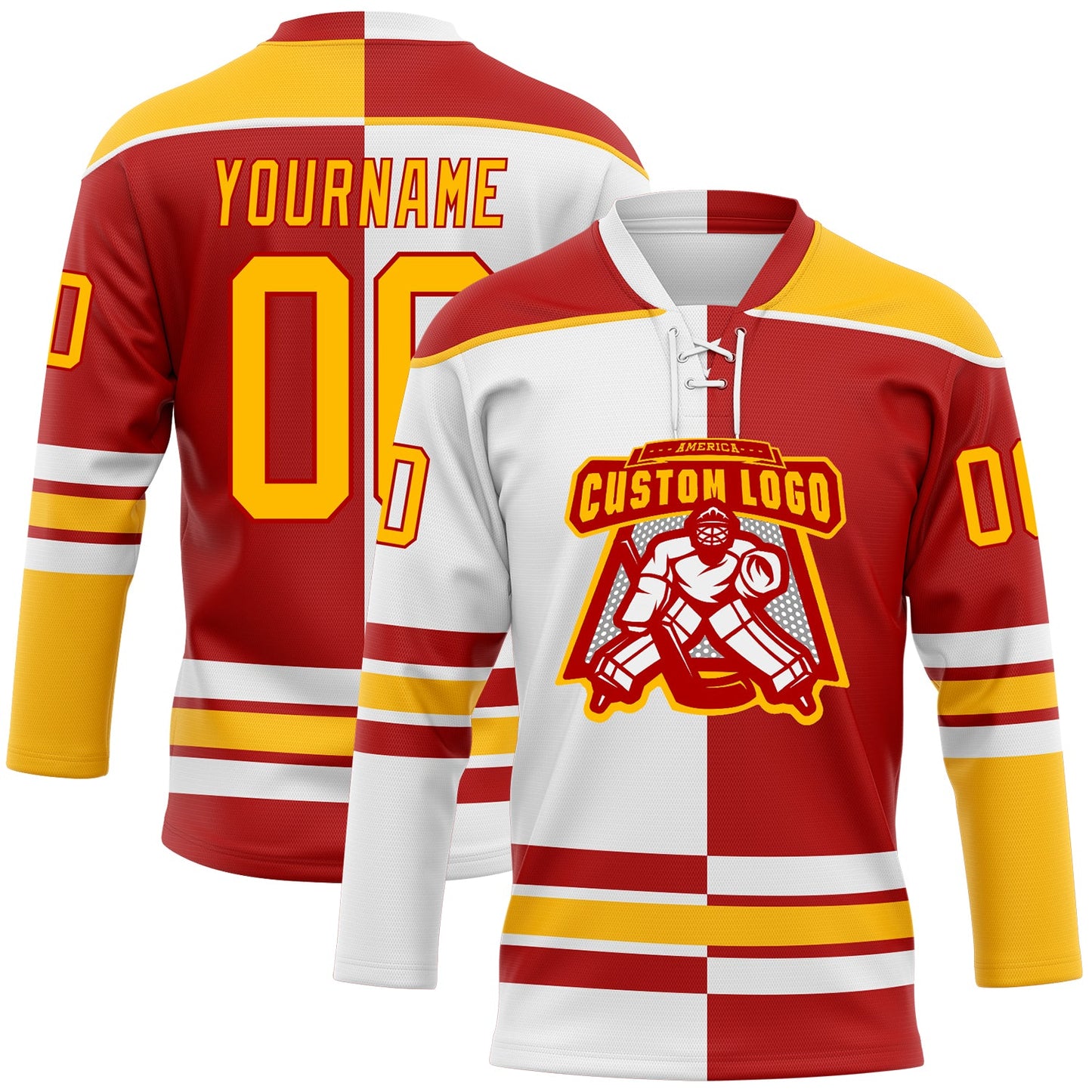 Custom Red Gold-White Split Fashion Hockey Lace Neck Jersey view 2