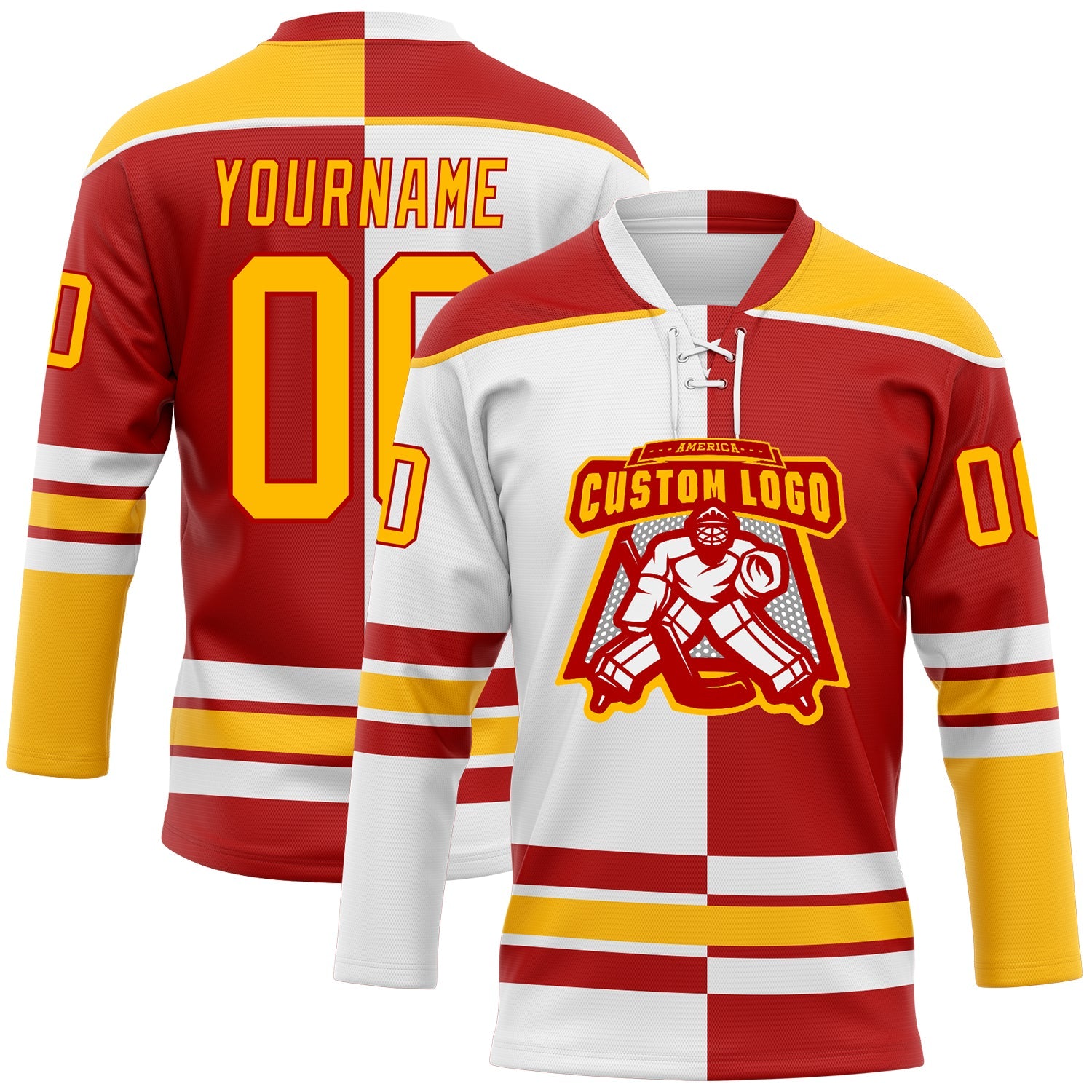 Custom Red Gold-White Split Fashion Hockey Lace Neck Jersey view 2