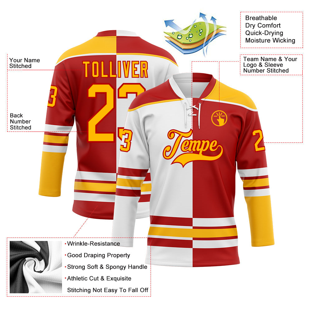 Custom Red Gold-White Split Fashion Hockey Lace Neck Jersey view 3