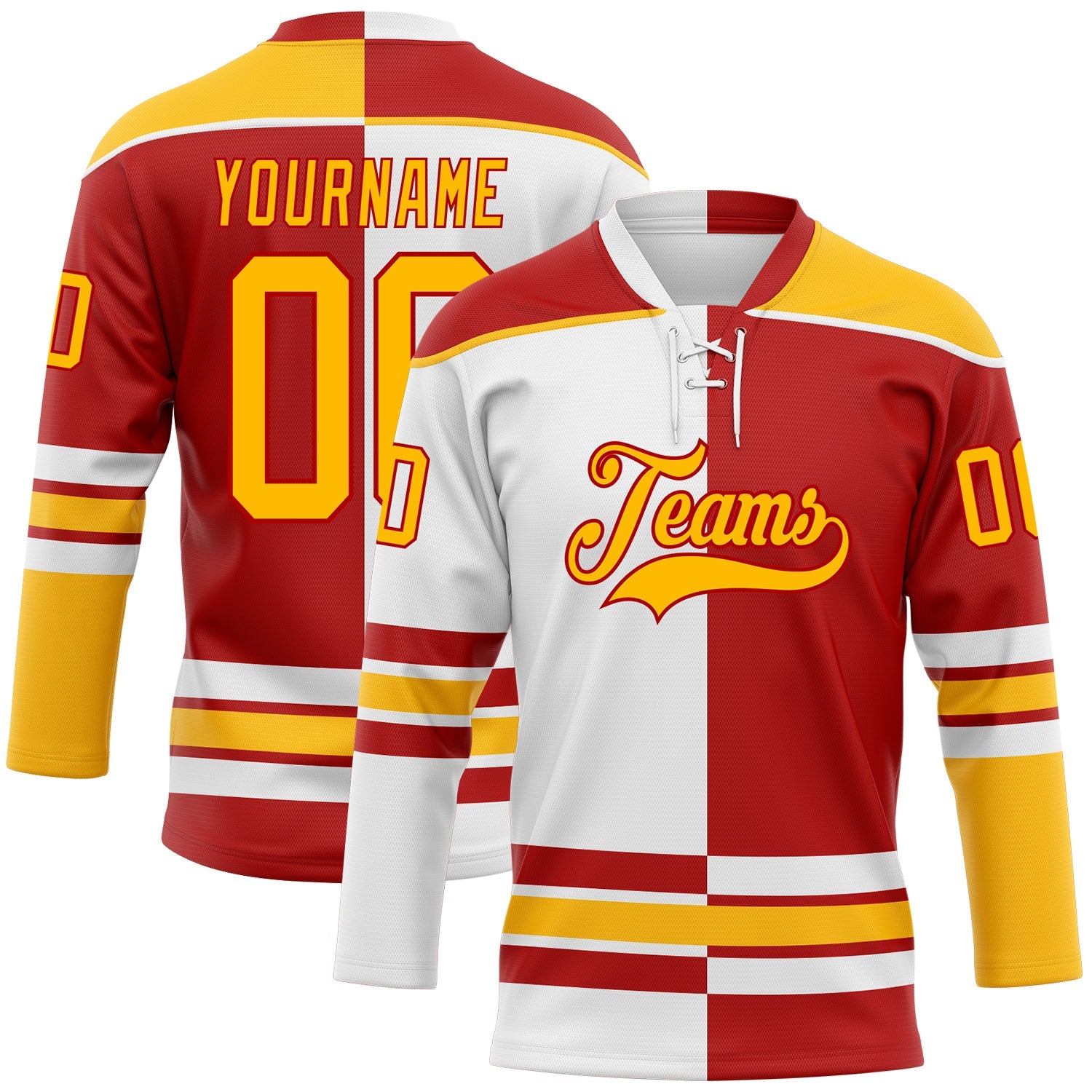 Custom Red Gold-White Split Fashion Hockey Lace Neck Jersey - Main View