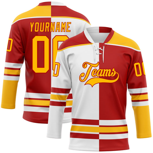Custom Red Gold-White Split Fashion Hockey Lace Neck Jersey - Main View