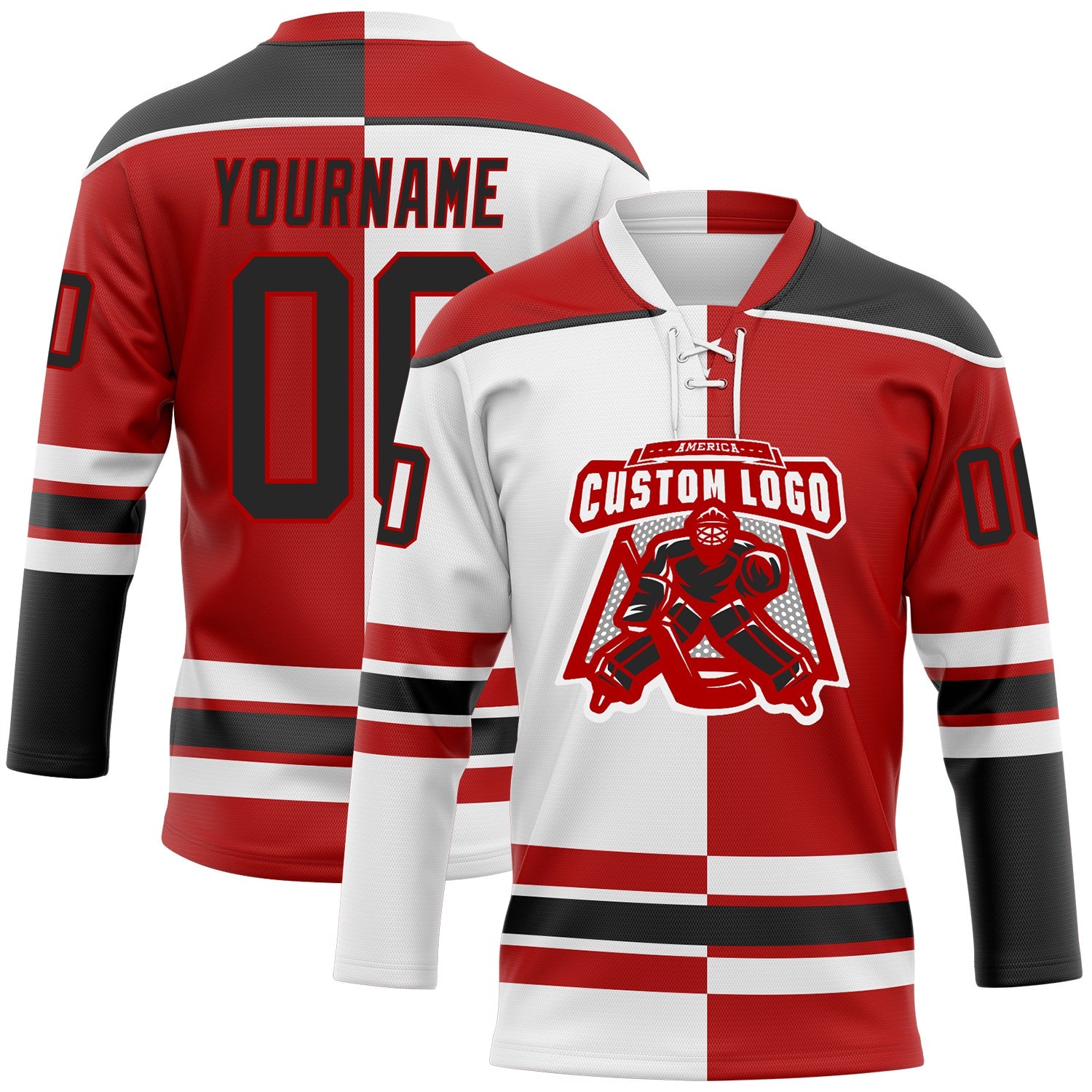 Custom Red Black-White Split Fashion Hockey Lace Neck Jersey view 2