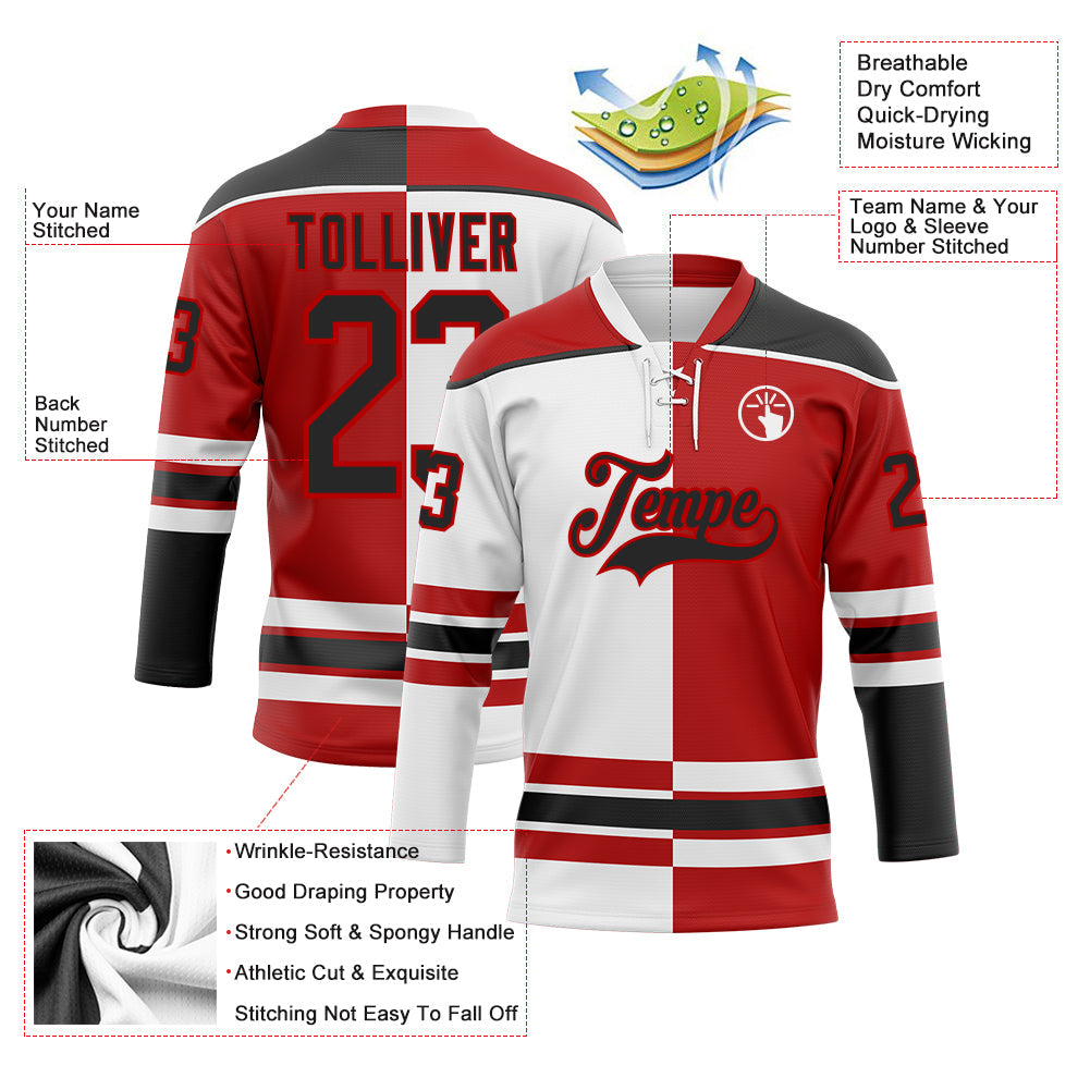Custom Red Black-White Split Fashion Hockey Lace Neck Jersey view 3