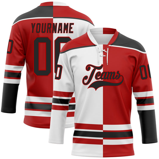 Custom Red Black-White Split Fashion Hockey Lace Neck Jersey - Main View