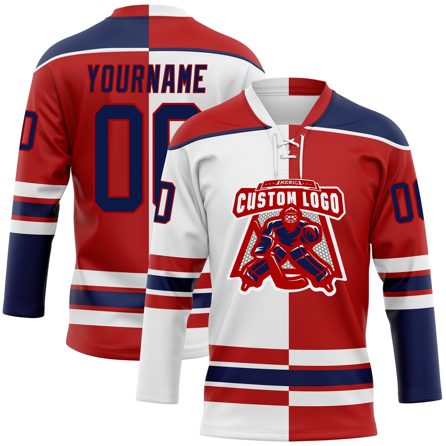 Custom Red Navy-White Split Fashion Hockey Lace Neck Jersey view 2