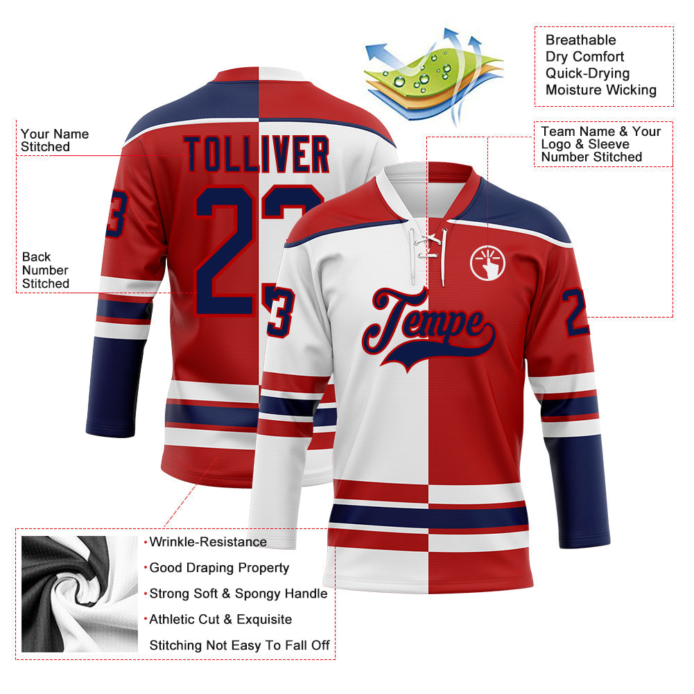 Custom Red Navy-White Split Fashion Hockey Lace Neck Jersey view 3
