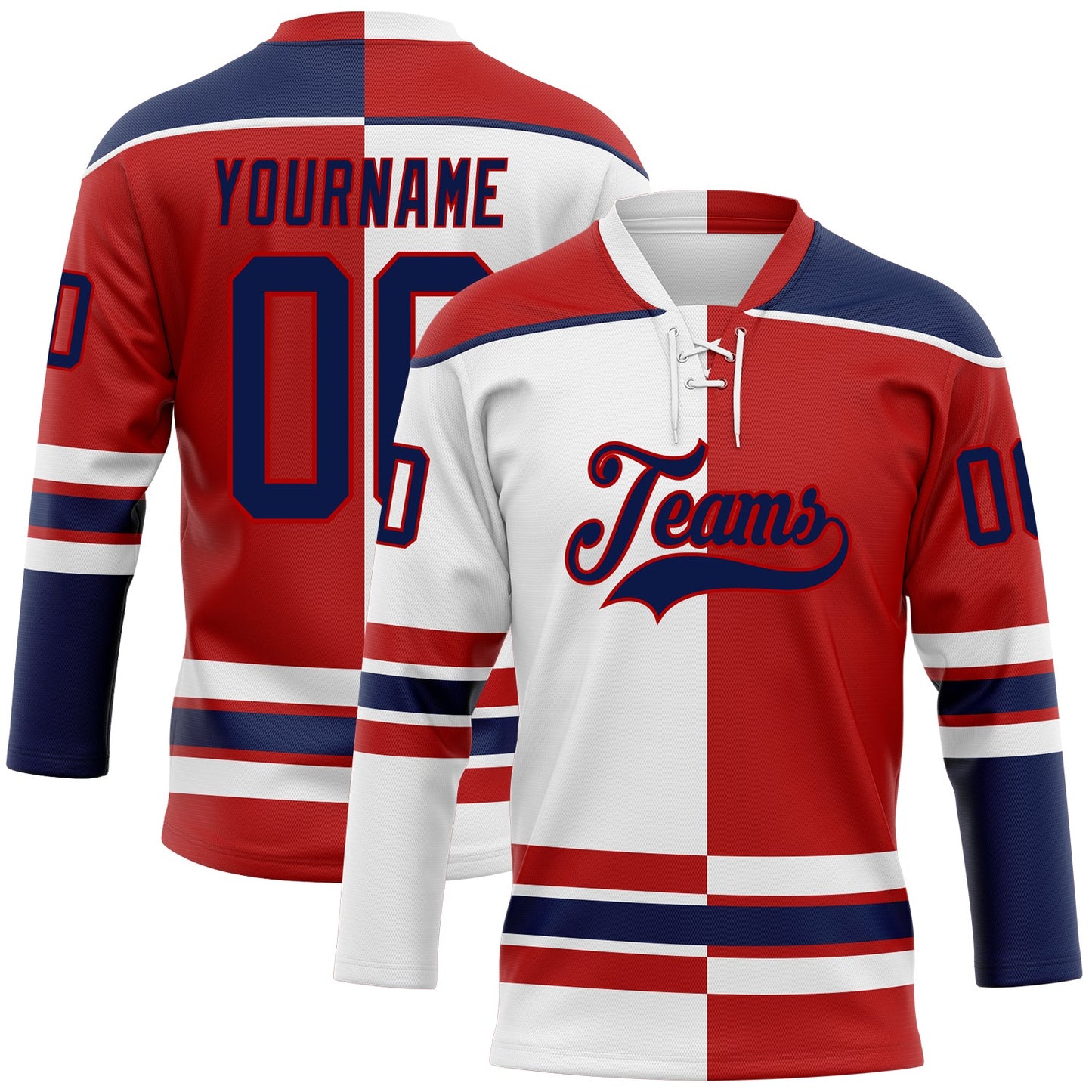 Custom Red Navy-White Split Fashion Hockey Lace Neck Jersey - Main View