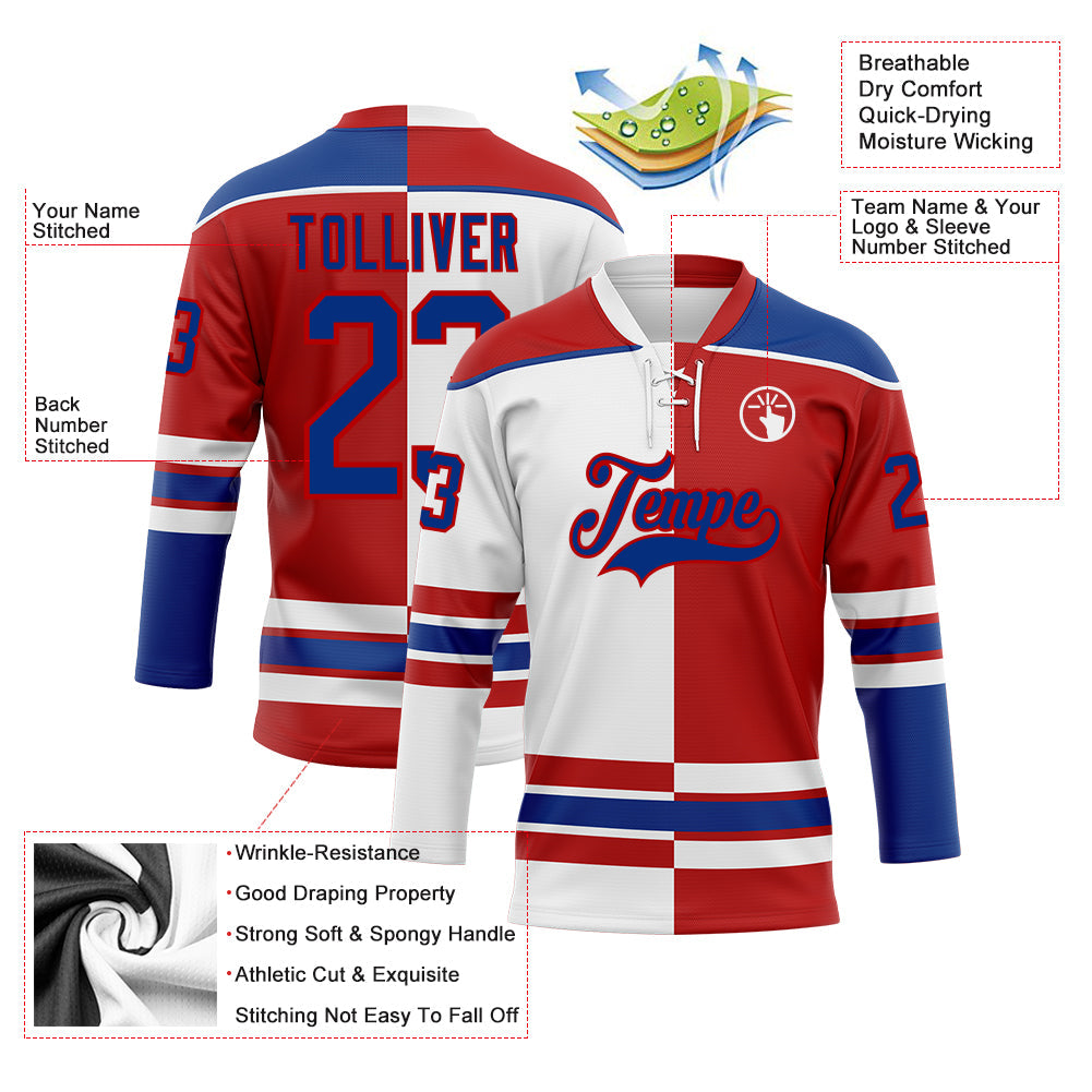 Custom Red Royal-White Split Fashion Hockey Lace Neck Jersey view 3