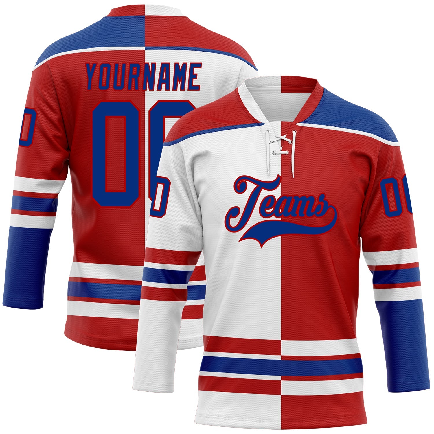Custom Red Royal-White Split Fashion Hockey Lace Neck Jersey - Main View