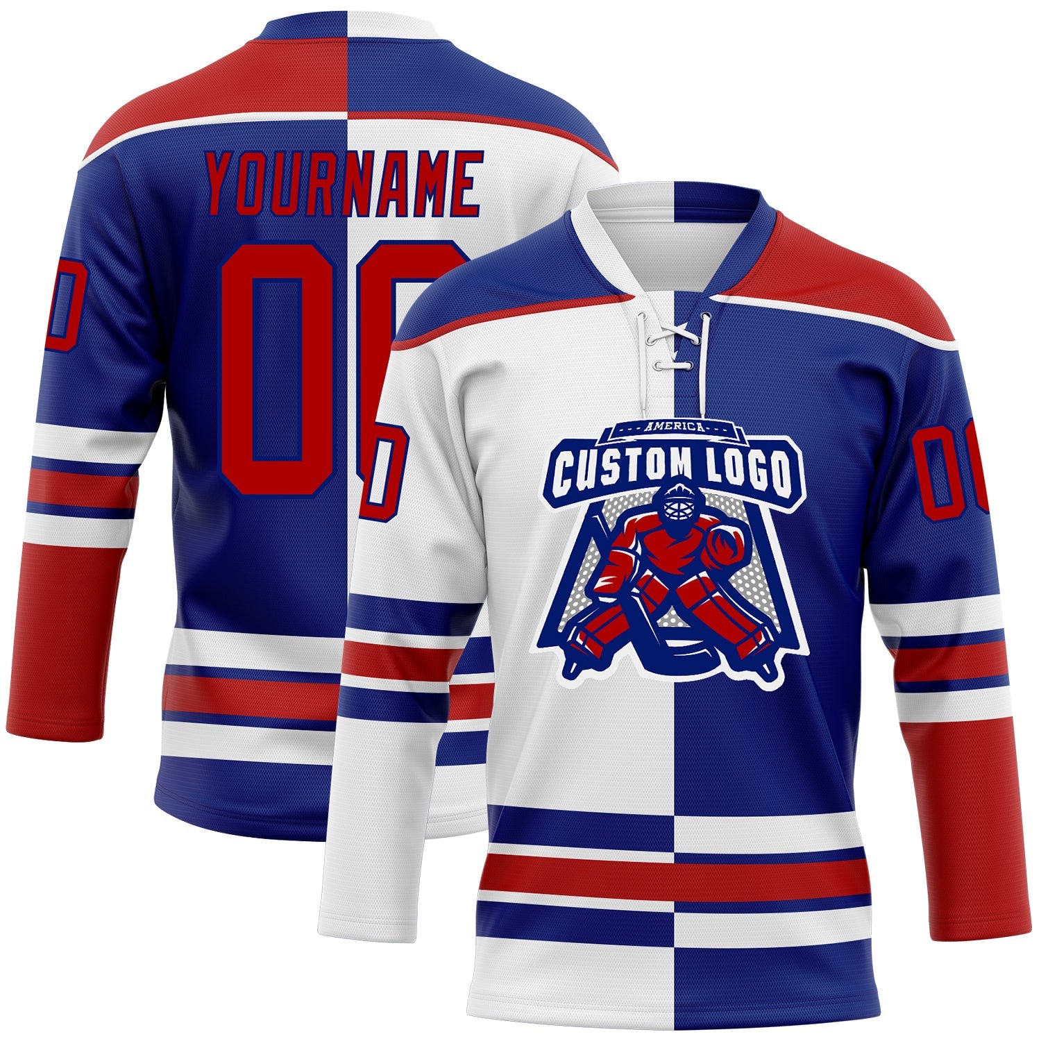 Custom Royal Red-White Split Fashion Hockey Lace Neck Jersey view 2