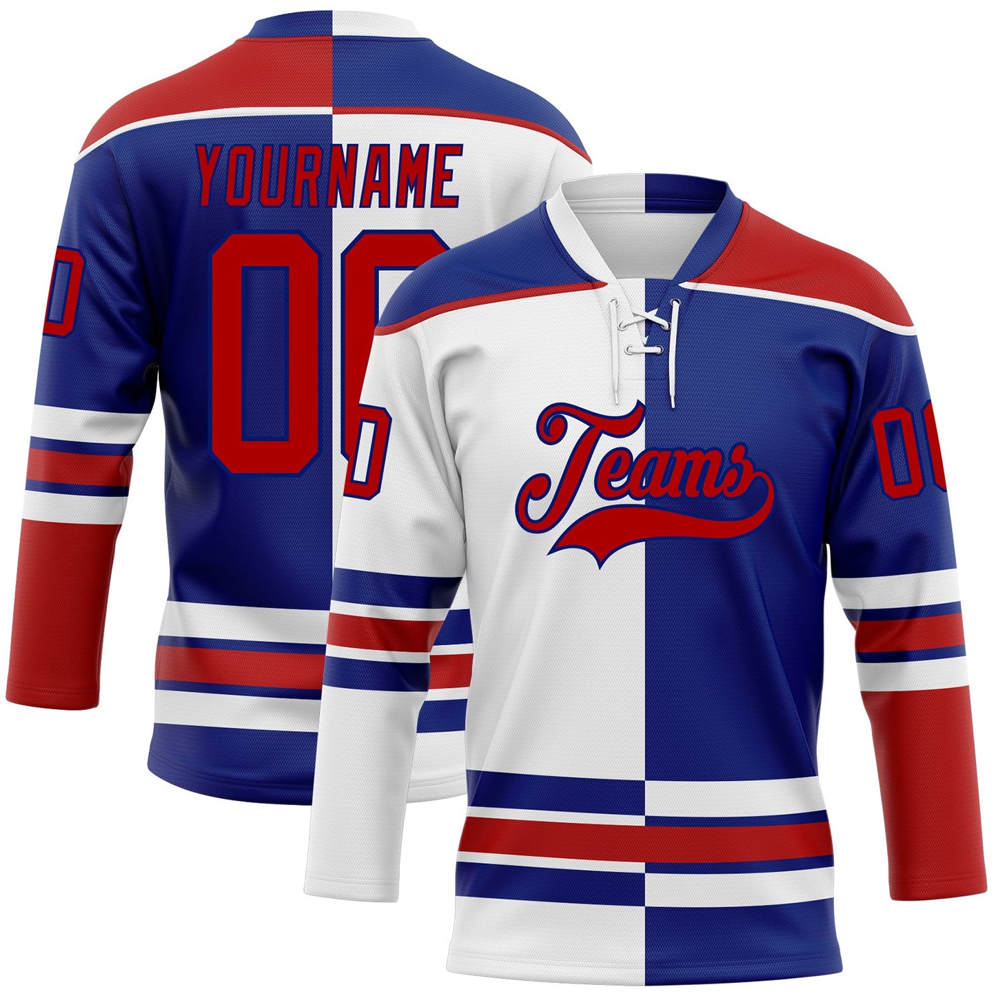 Custom Royal Red-White Split Fashion Hockey Lace Neck Jersey - Main View