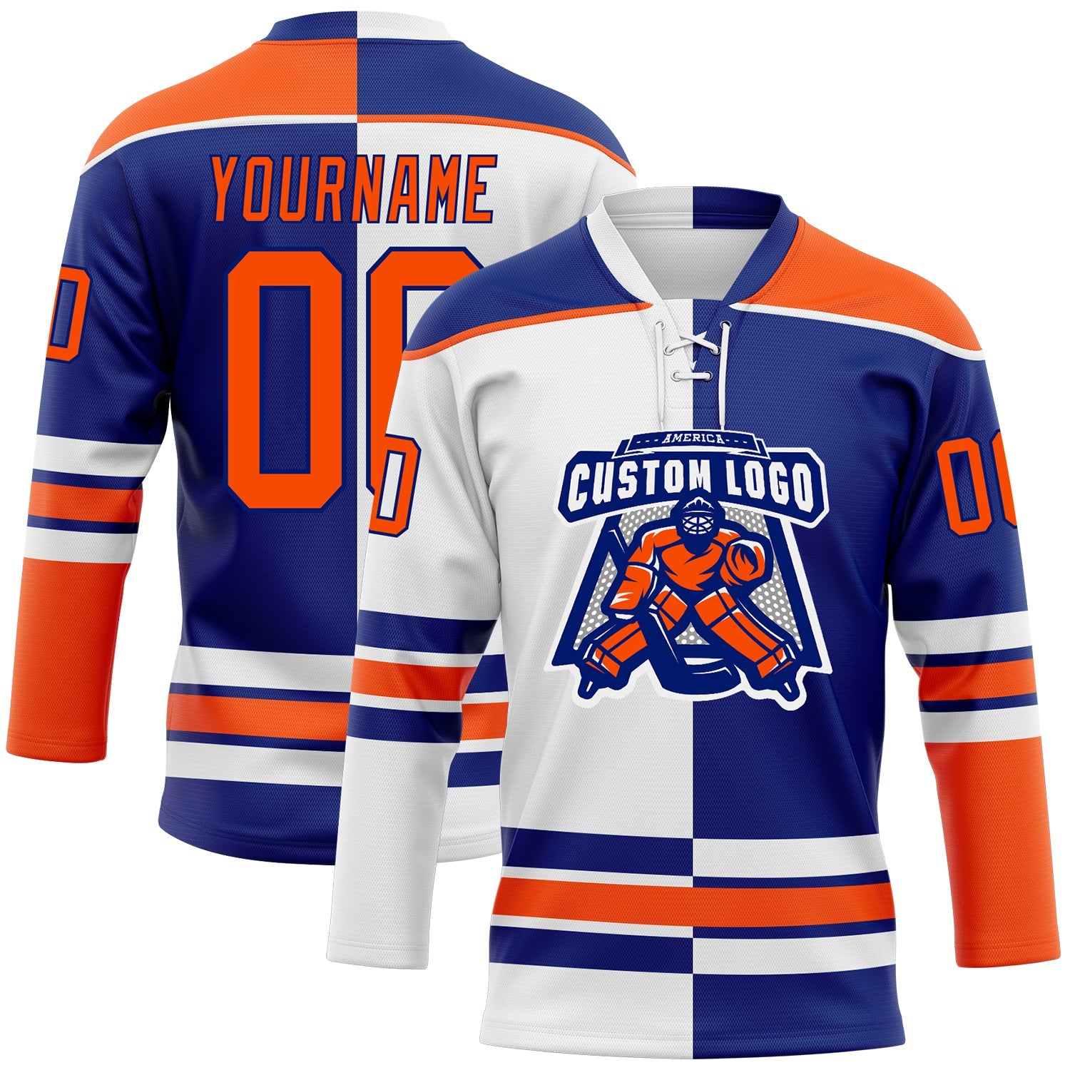 Custom Royal Orange-White Split Fashion Hockey Lace Neck Jersey view 2