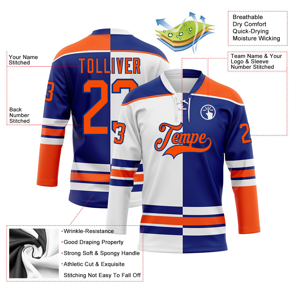 Custom Royal Orange-White Split Fashion Hockey Lace Neck Jersey view 3