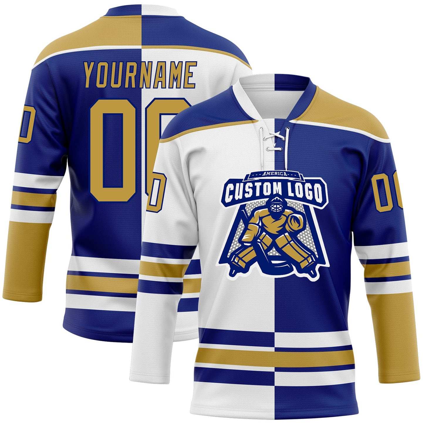 Custom Royal Old Gold-White Split Fashion Hockey Lace Neck Jersey view 2
