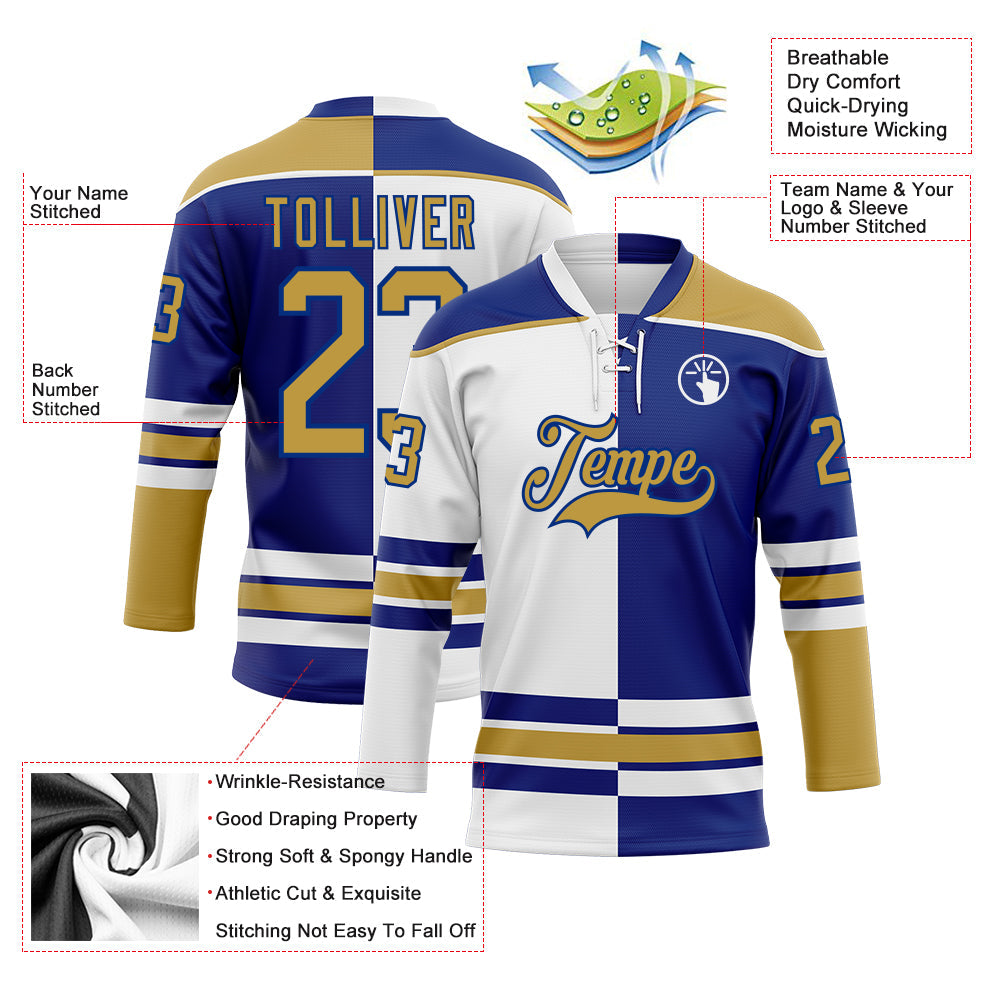 Custom Royal Old Gold-White Split Fashion Hockey Lace Neck Jersey view 3