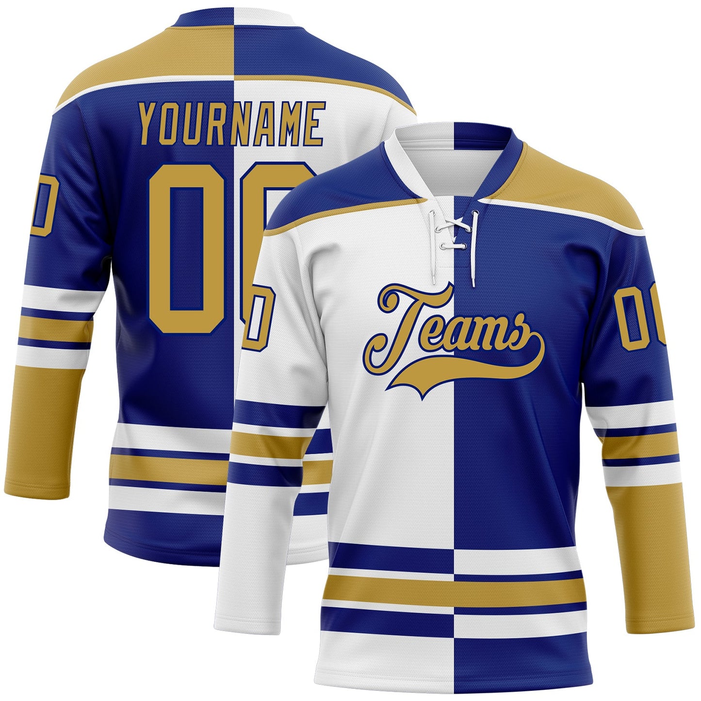 Custom Royal Old Gold-White Split Fashion Hockey Lace Neck Jersey - Main View