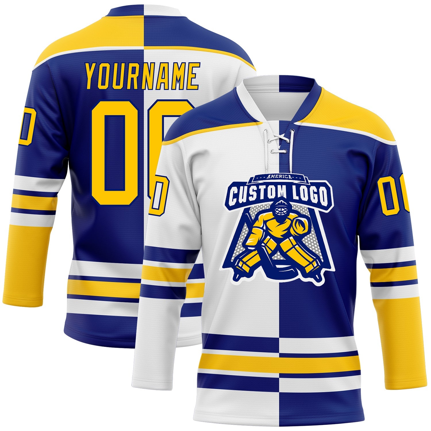 Custom Royal Yellow-White Split Fashion Hockey Lace Neck Jersey view 2