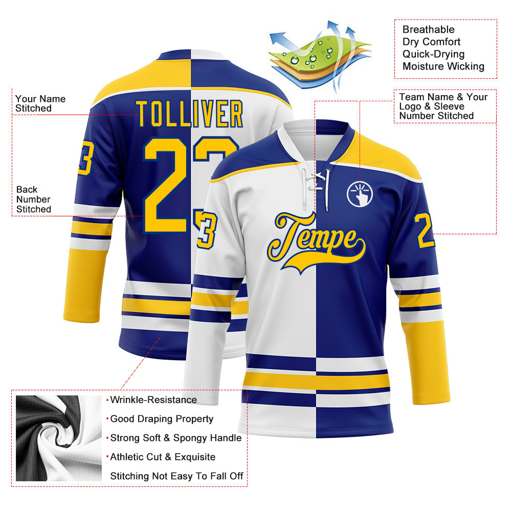 Custom Royal Yellow-White Split Fashion Hockey Lace Neck Jersey view 3