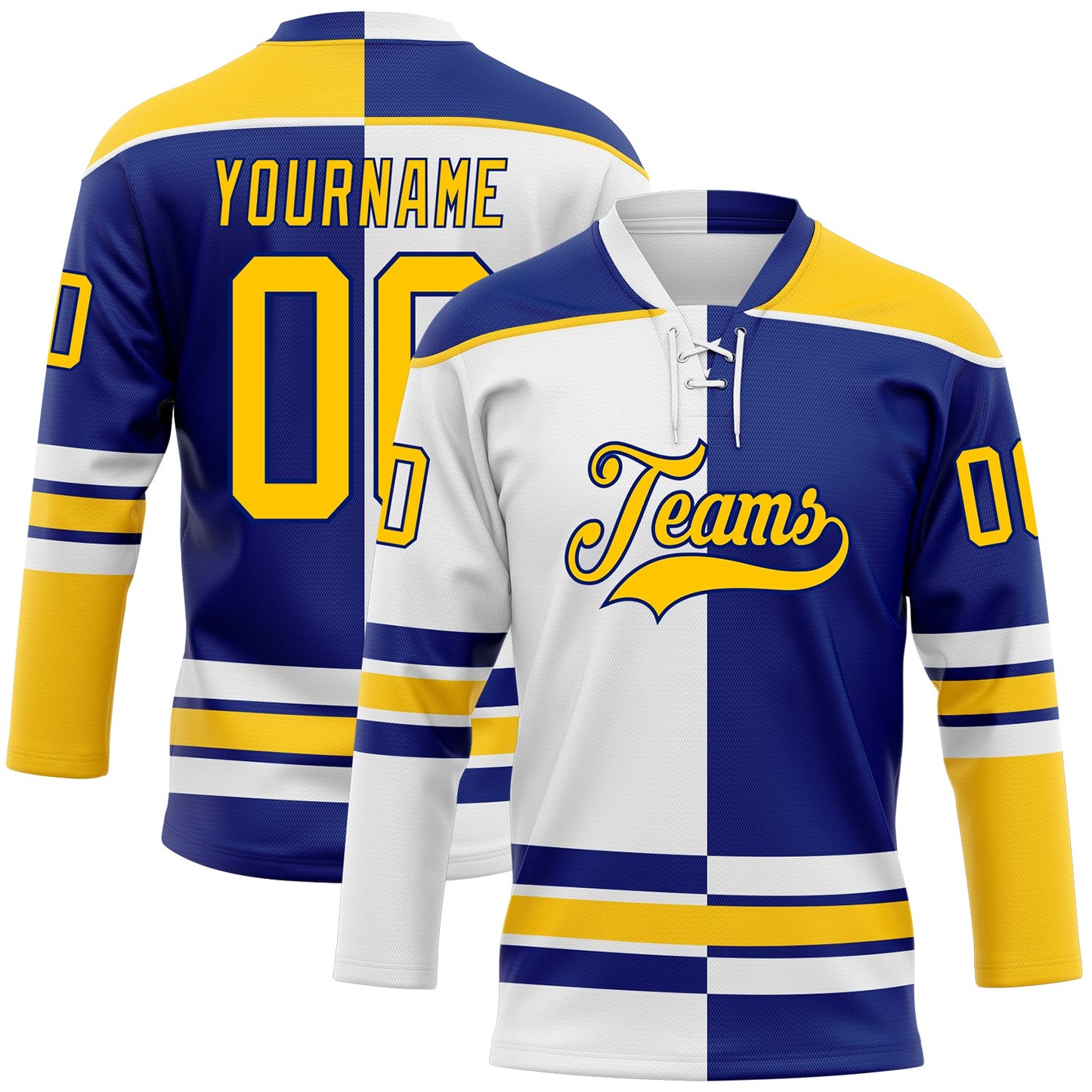 Custom Royal Yellow-White Split Fashion Hockey Lace Neck Jersey - Main View