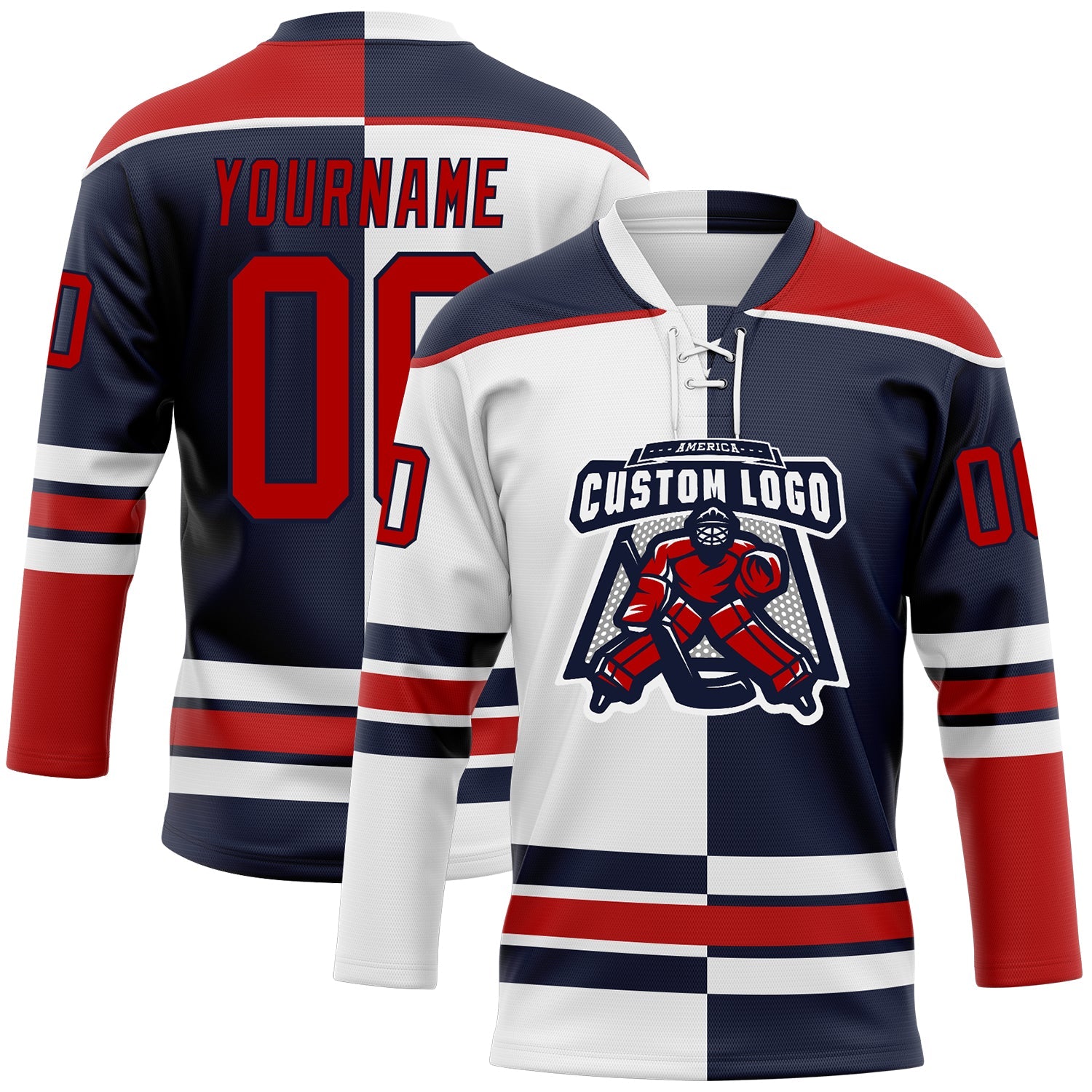 Custom Navy Red-White Split Fashion Hockey Lace Neck Jersey view 2