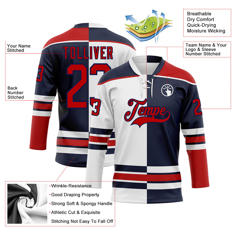 Custom Navy Red-White Split Fashion Hockey Lace Neck Jersey view 3