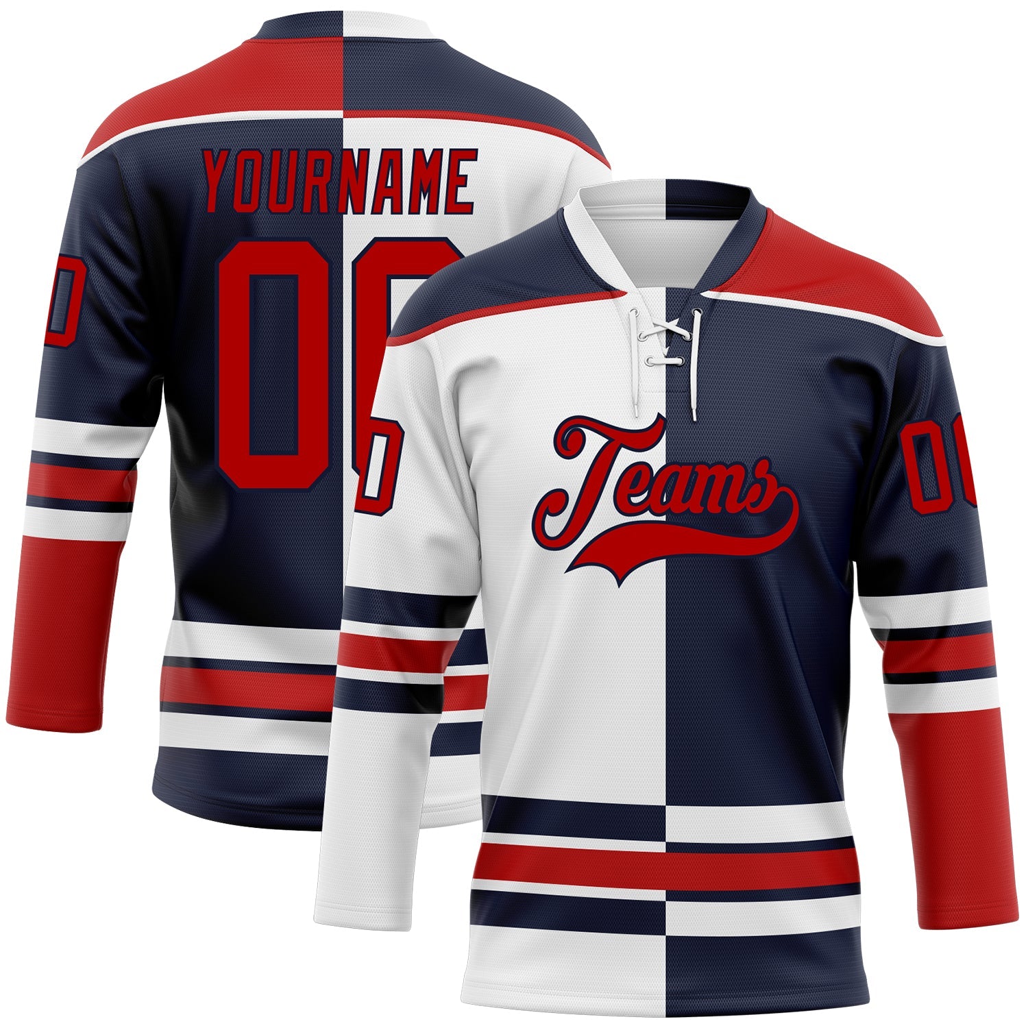 Custom Navy Red-White Split Fashion Hockey Lace Neck Jersey - Main View