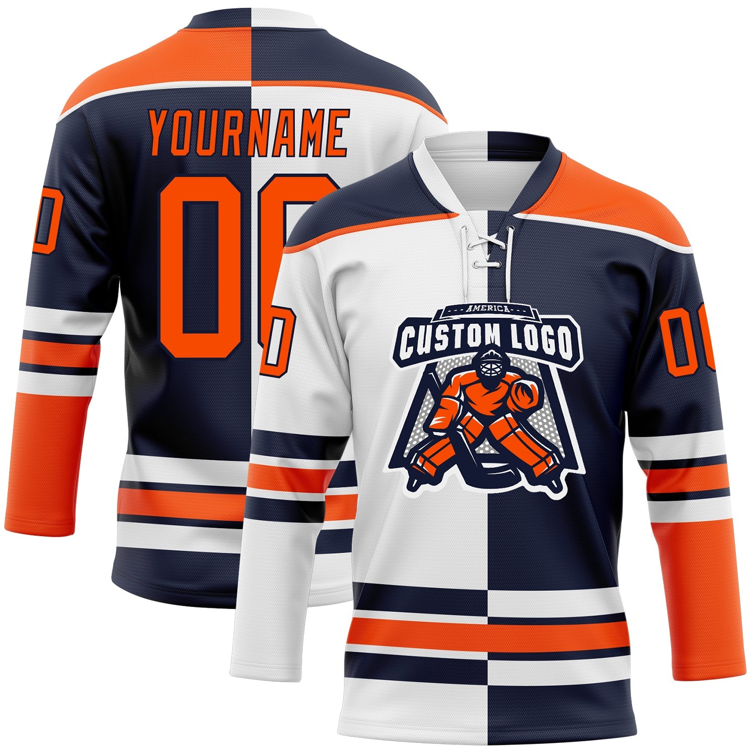 Custom Navy Orange-White Split Fashion Hockey Lace Neck Jersey view 2
