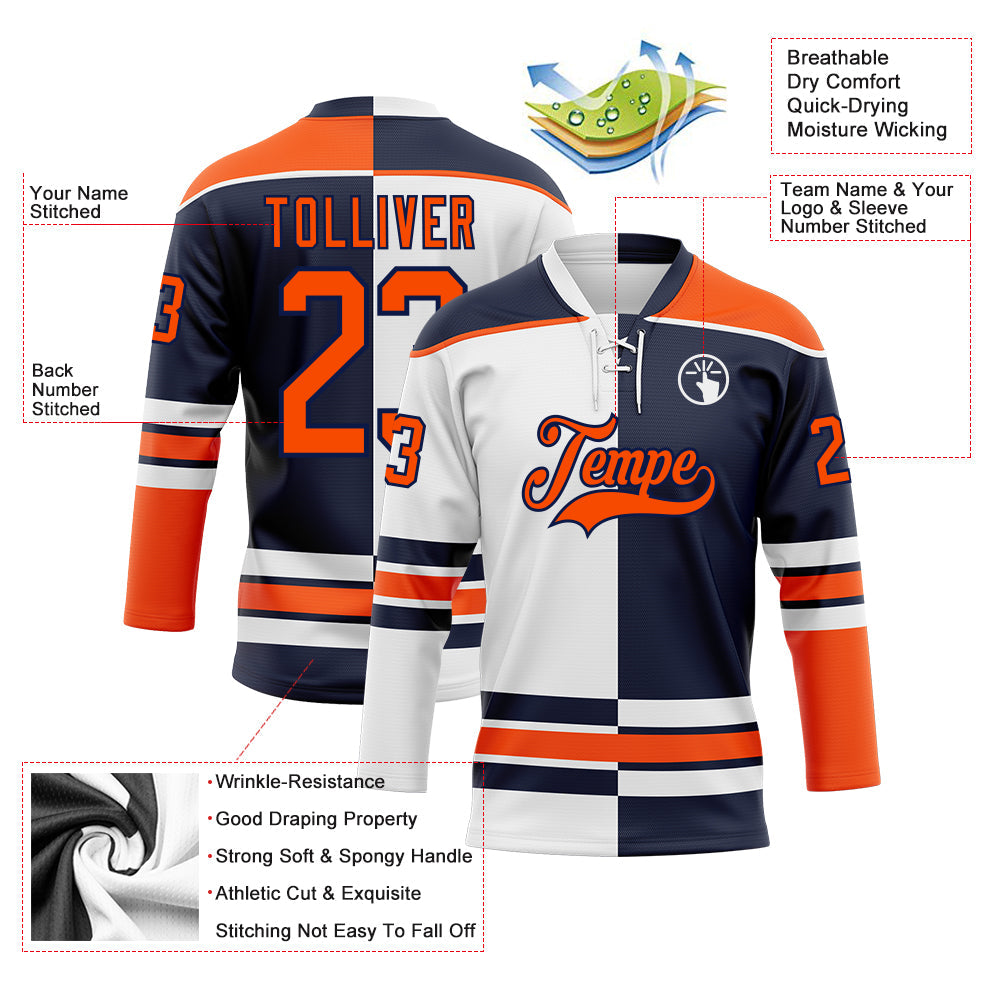 Custom Navy Orange-White Split Fashion Hockey Lace Neck Jersey view 3
