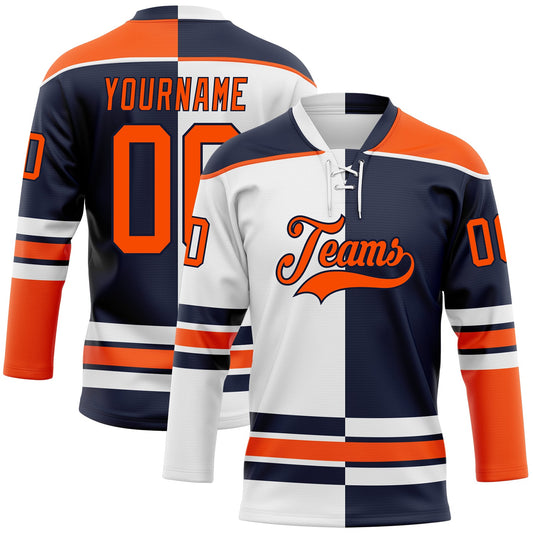 Custom Navy Orange-White Split Fashion Hockey Lace Neck Jersey - Main View
