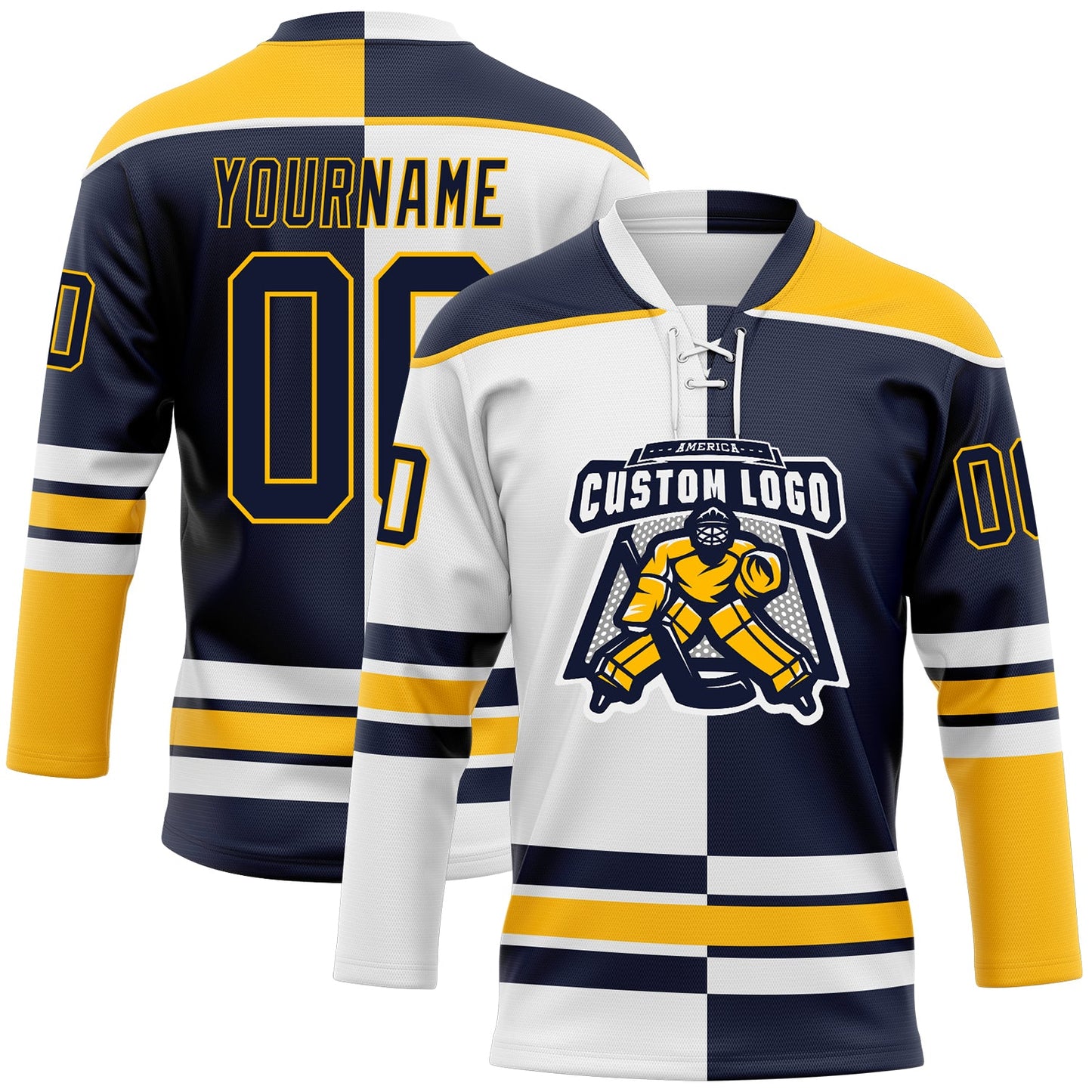 Custom Navy Gold-White Split Fashion Hockey Lace Neck Jersey view 2