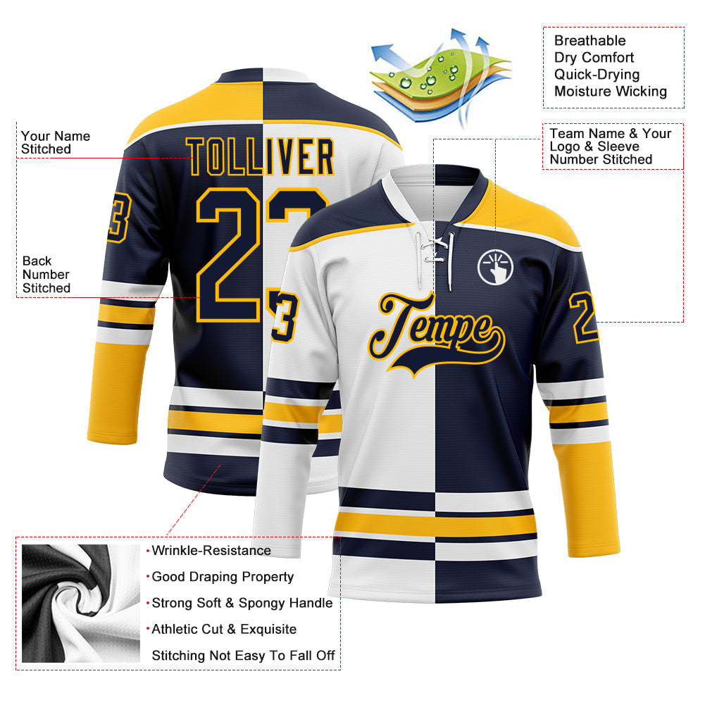 Custom Navy Gold-White Split Fashion Hockey Lace Neck Jersey view 3