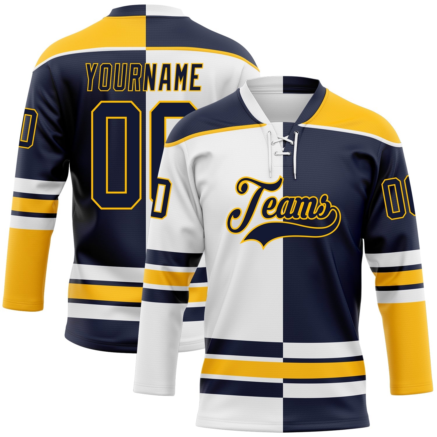 Custom Navy Gold-White Split Fashion Hockey Lace Neck Jersey - Main View