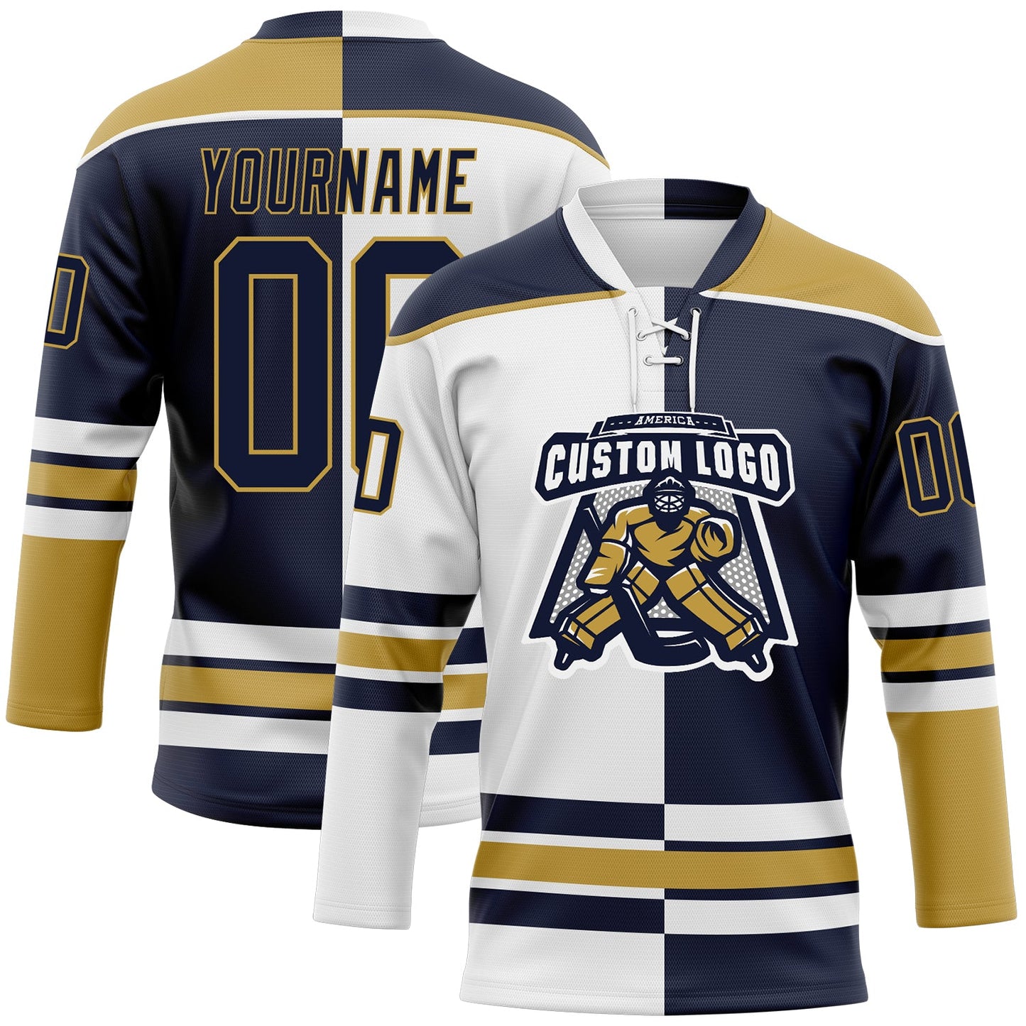 Custom Navy Old Gold-White Split Fashion Hockey Lace Neck Jersey view 2