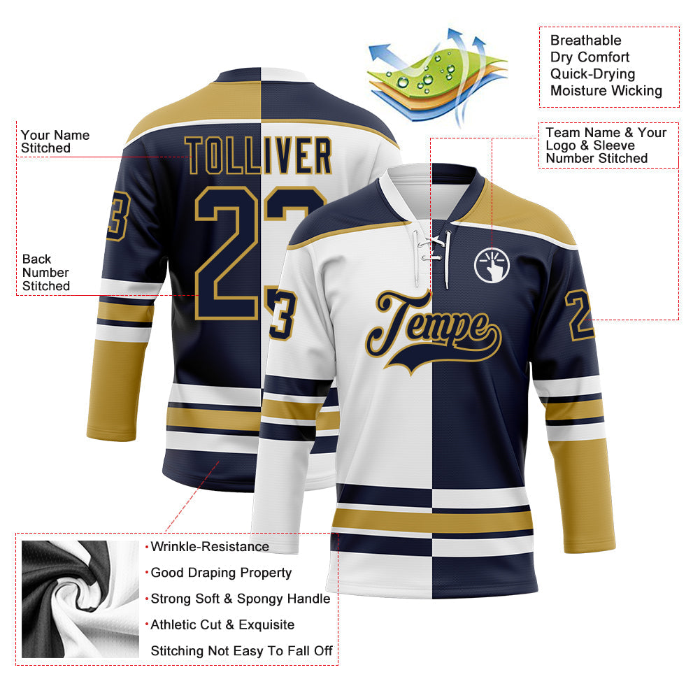 Custom Navy Old Gold-White Split Fashion Hockey Lace Neck Jersey view 3
