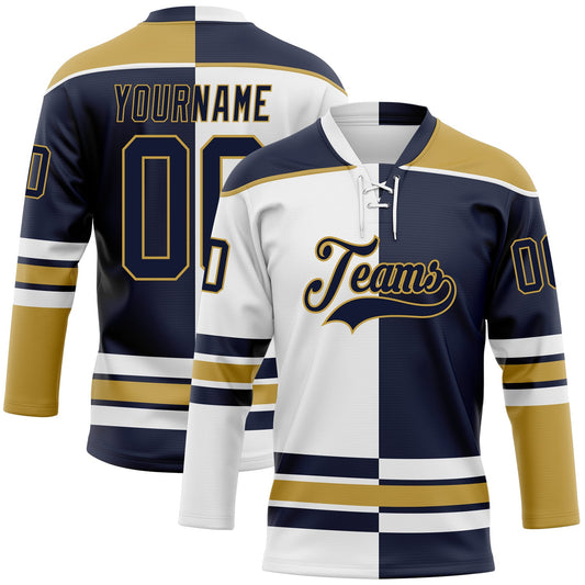 Custom Navy Old Gold-White Split Fashion Hockey Lace Neck Jersey - Main View