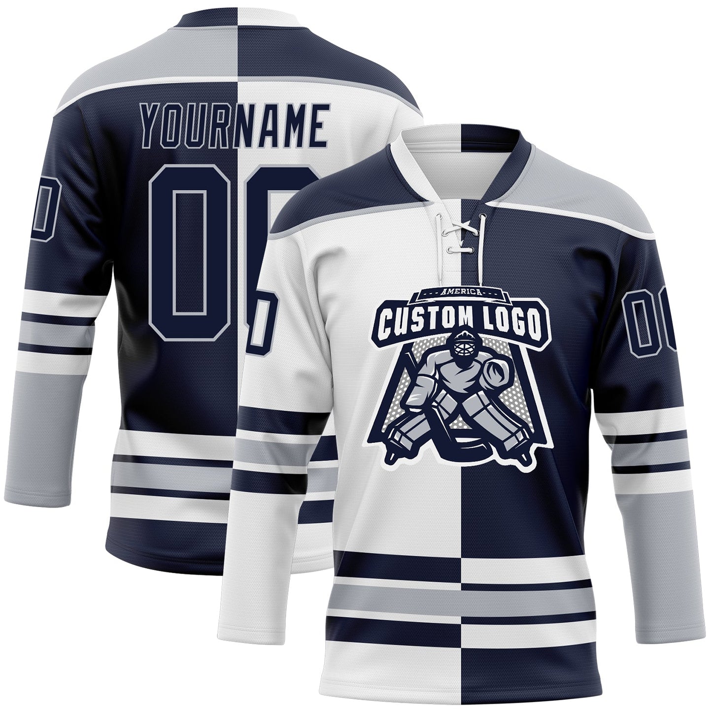 Custom Navy Gray-White Split Fashion Hockey Lace Neck Jersey view 2