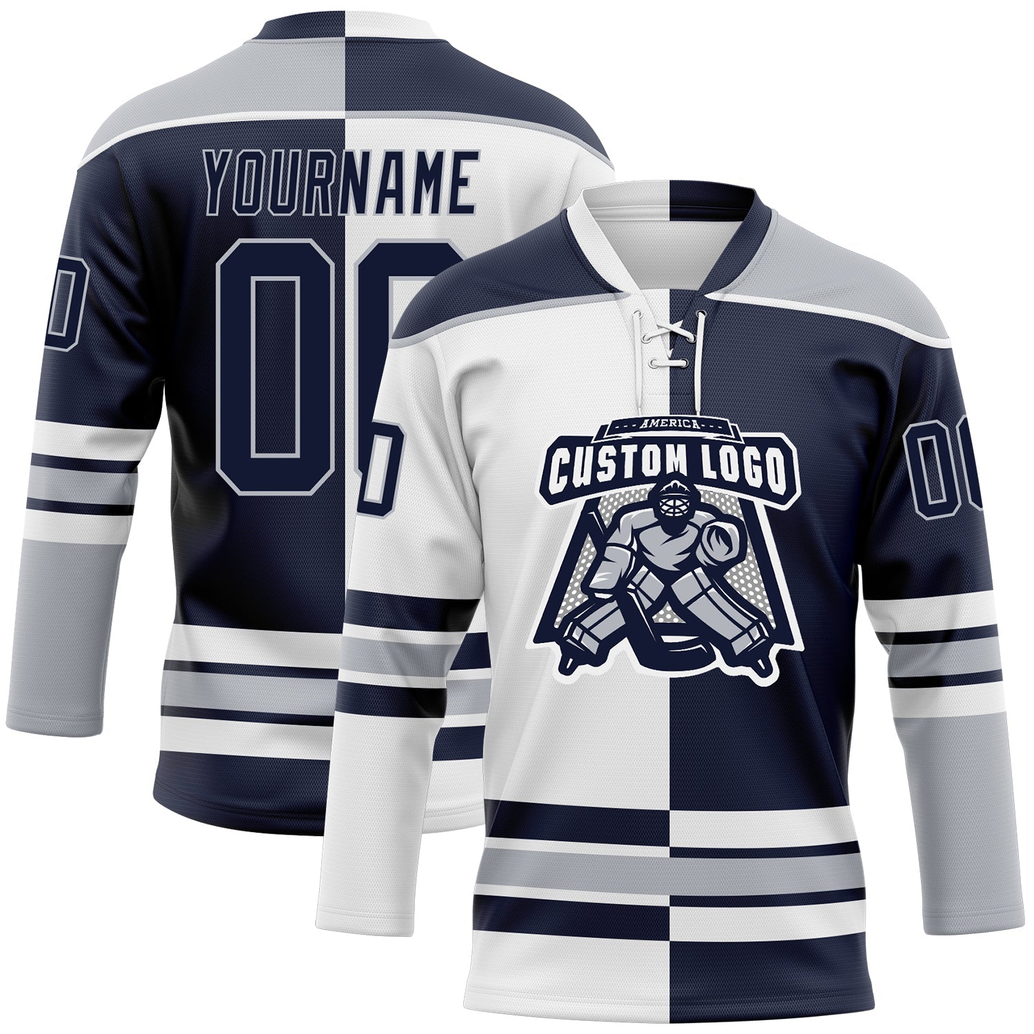 Custom Navy Gray-White Split Fashion Hockey Lace Neck Jersey view 2