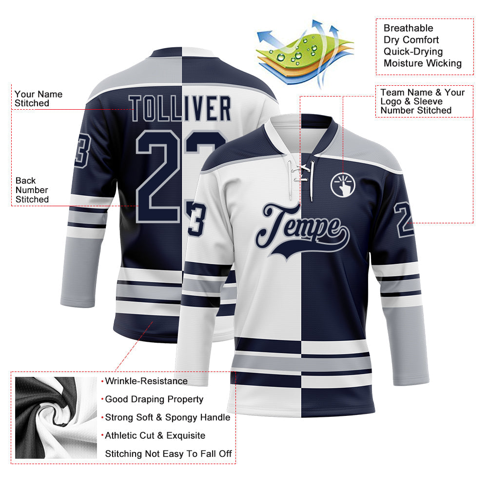 Custom Navy Gray-White Split Fashion Hockey Lace Neck Jersey view 3