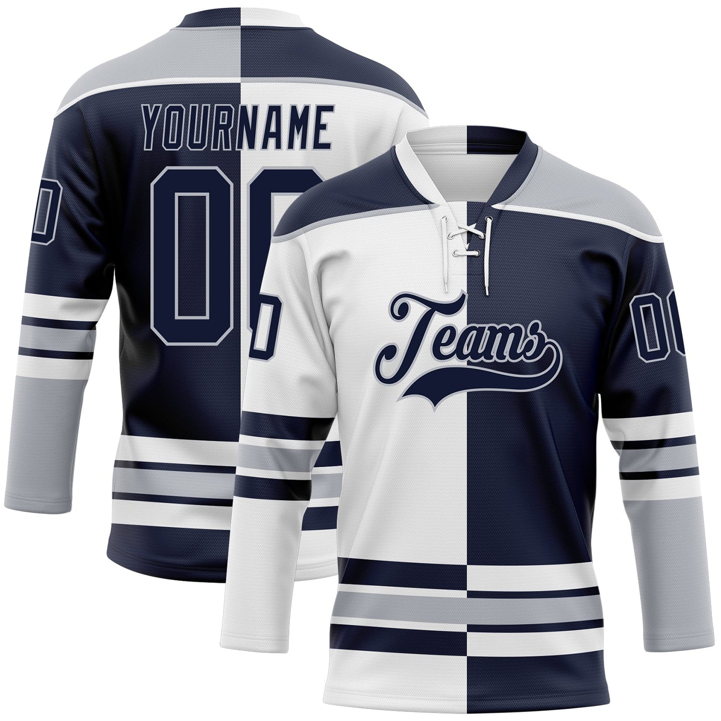 Custom Navy Gray-White Split Fashion Hockey Lace Neck Jersey - Main View