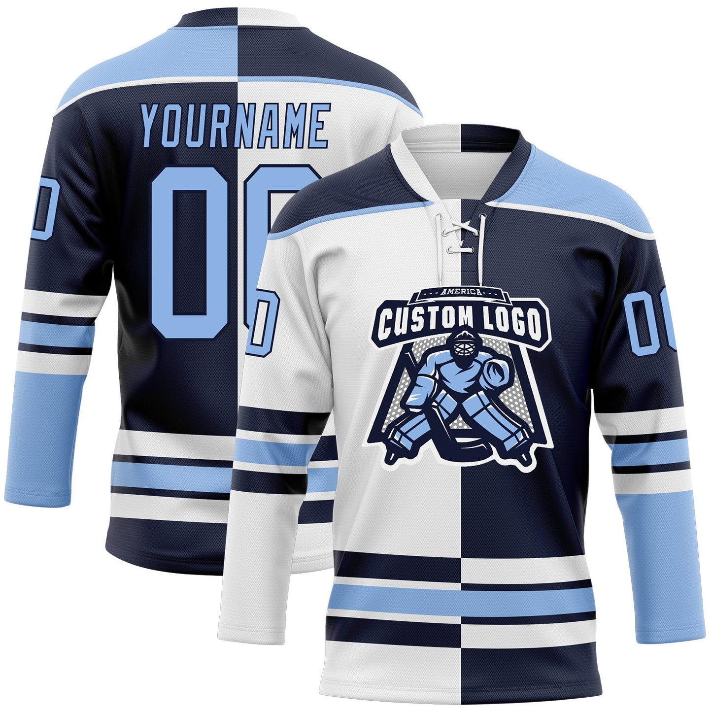Custom Navy Light Blue-White Split Fashion Hockey Lace Neck Jersey view 2