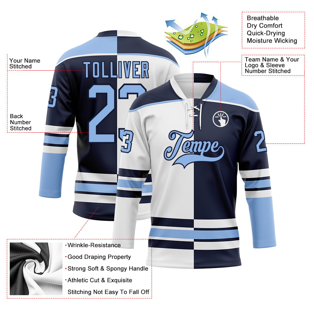 Custom Navy Light Blue-White Split Fashion Hockey Lace Neck Jersey view 3